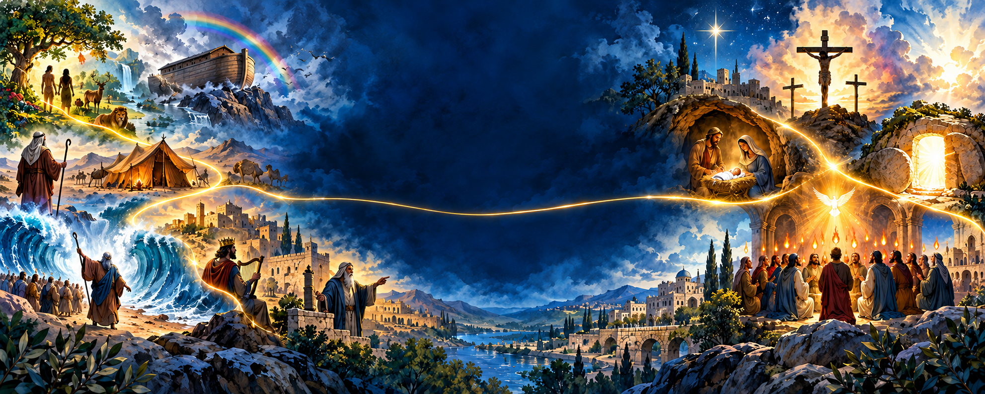 Watercolor scenes from the Bible joined by a golden line